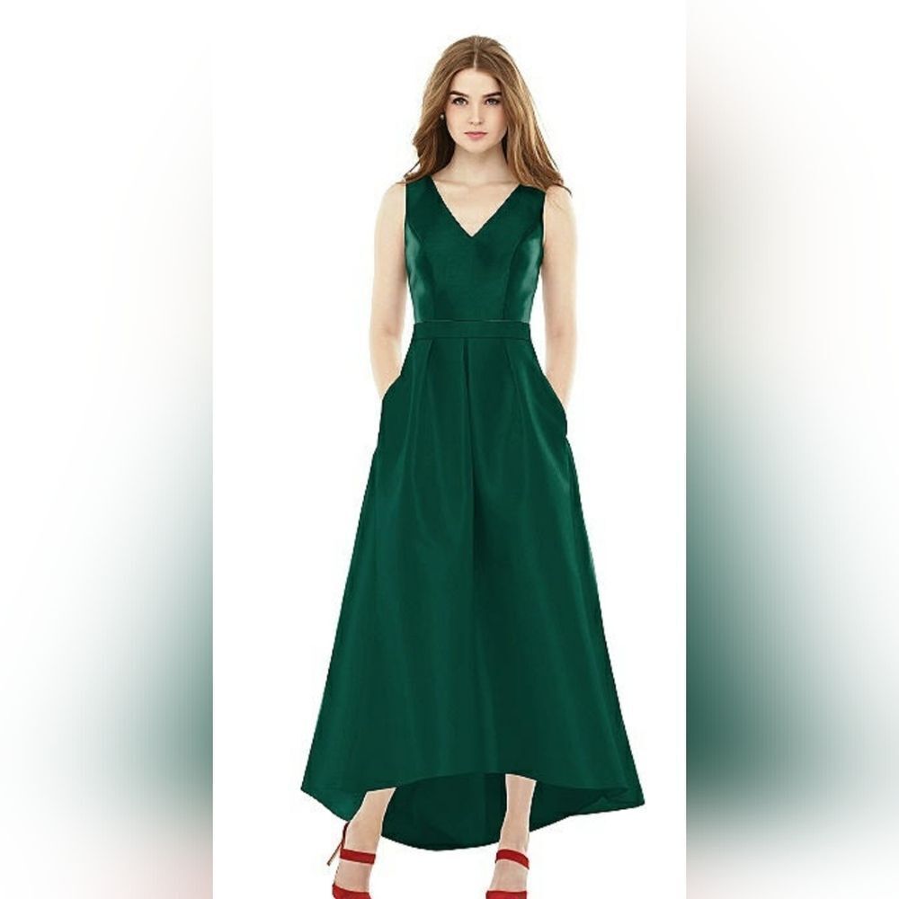 Alfred Sung Sleeveless Pleated Skirt High Low Dress NWT Size 6 in Hunter Green